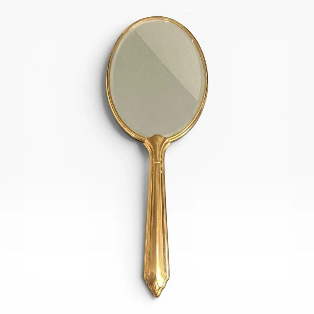 VTG Austrian‎ Style Petit Point Floral Vanity Hand Mirror Gold Tone 14